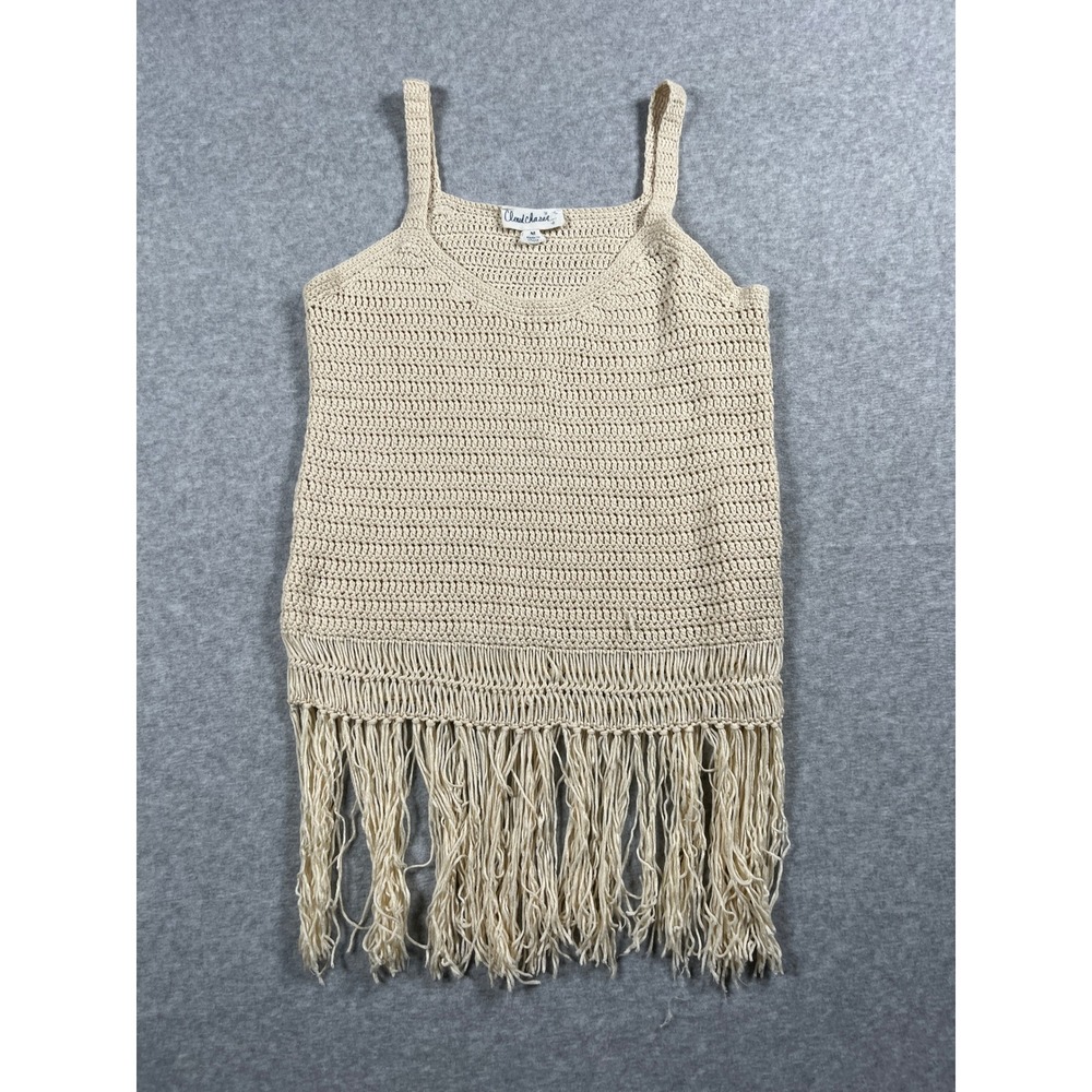 Crochet Tank Top Women M Beige Boho Western Fringe Rodeo Concert Festival